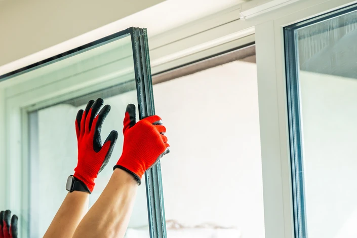 Équipe de deux techniciens menuisiers en tenue professionnelle travaillant ensemble à l'installation d'une fenêtre ou d'une baie vitrée sur une façade de maison résidentielle. Les professionnels sont concentrés sur leur tâche, manipulant les éléments de fermeture avec soin et rigueur. On voit les outils professionnels et l'environnement d'un chantier de menuiserie extérieure. L'image doit transmettre la compétence, la rigueur et l'engagement de l'équipe salariée qualifiée d'ARD en pleine intervention.