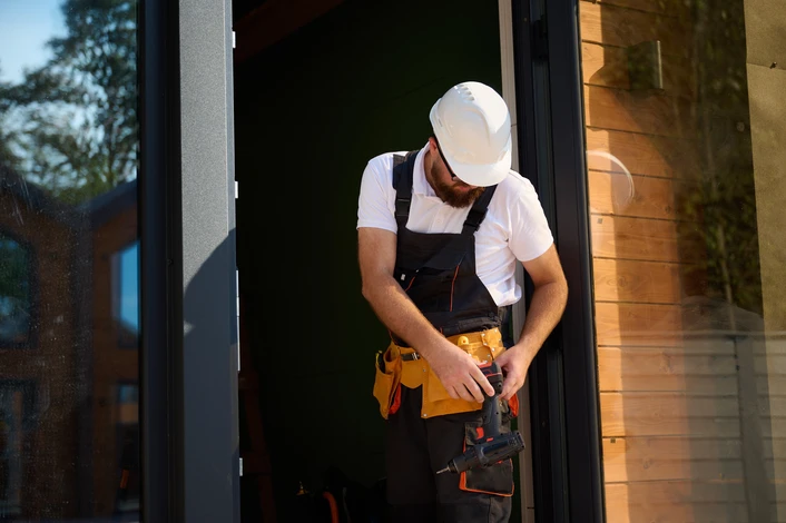Un homme en t-shirt bleu mesure une fenêtre à l'aide d'un mètre ruban jaune et noir dans un intérieur résidentiel