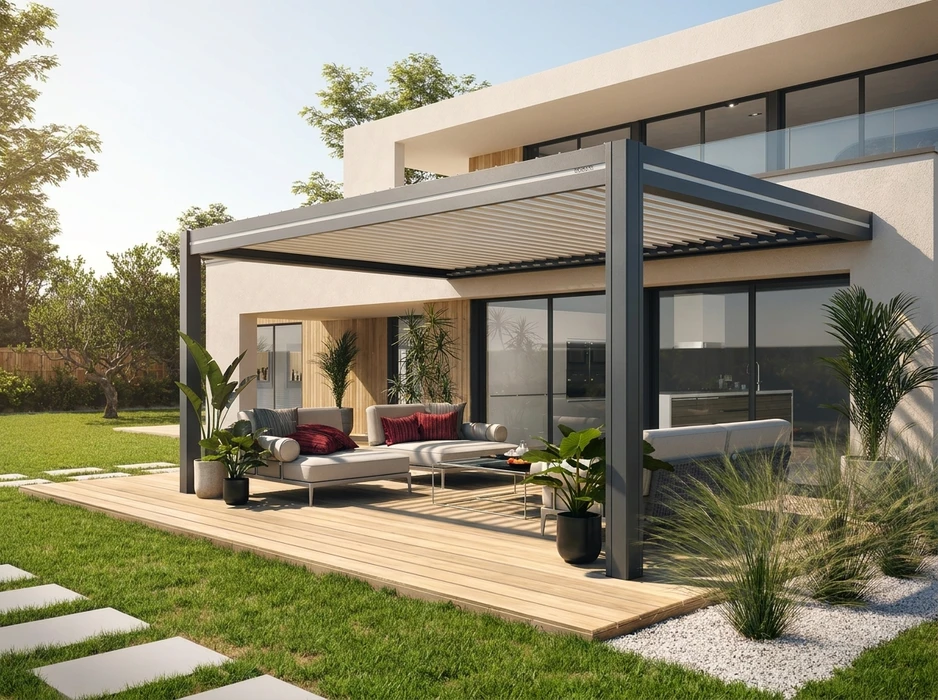 Terrasse couverte moderne avec pergola en aluminium et toiture en verre translucide