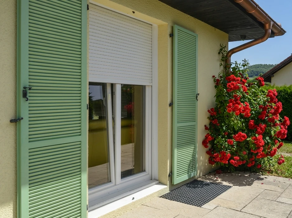 Façade extérieure de bâtiment avec fenêtre équipée d'un volet roulant blanc fermé, encadrée de deux volets battants en bois massif de teinte brune