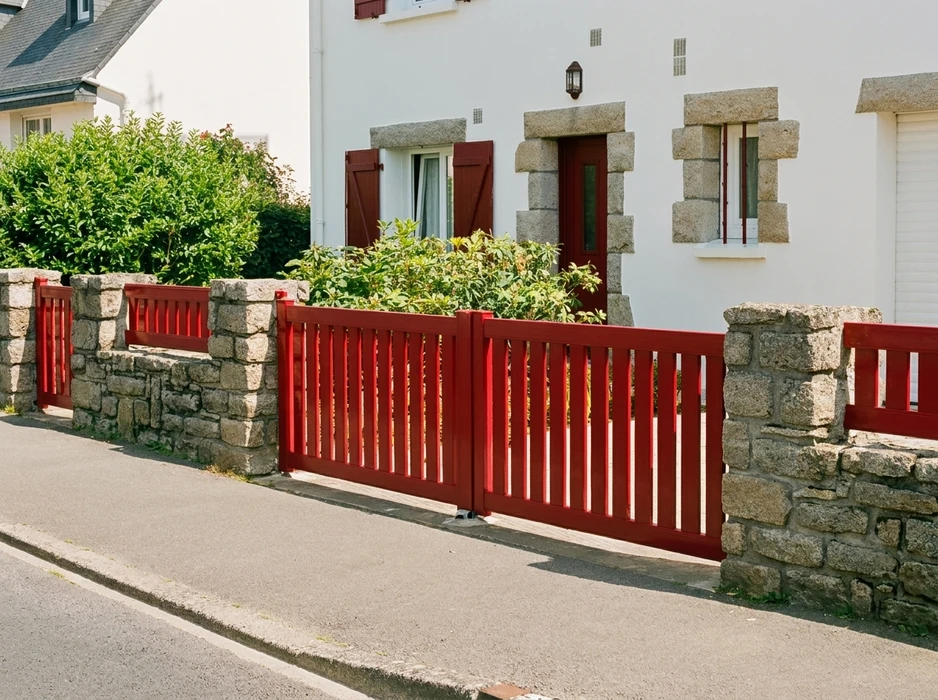 Façade extérieure d'habitation avec fenêtre à deux vantaux et volets battants en aluminium gris