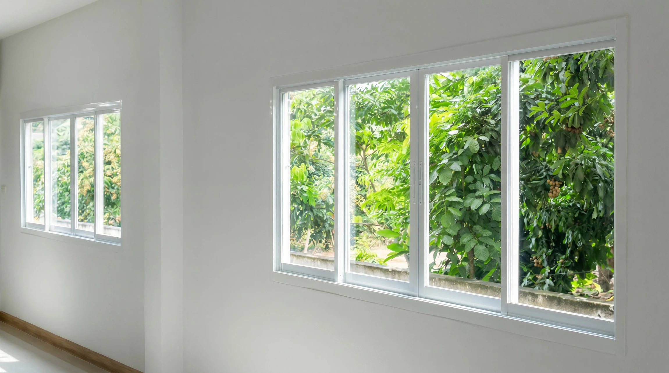 Deux ouvriers professionnels installent une grande fenêtre à battants dans un appartement moderne