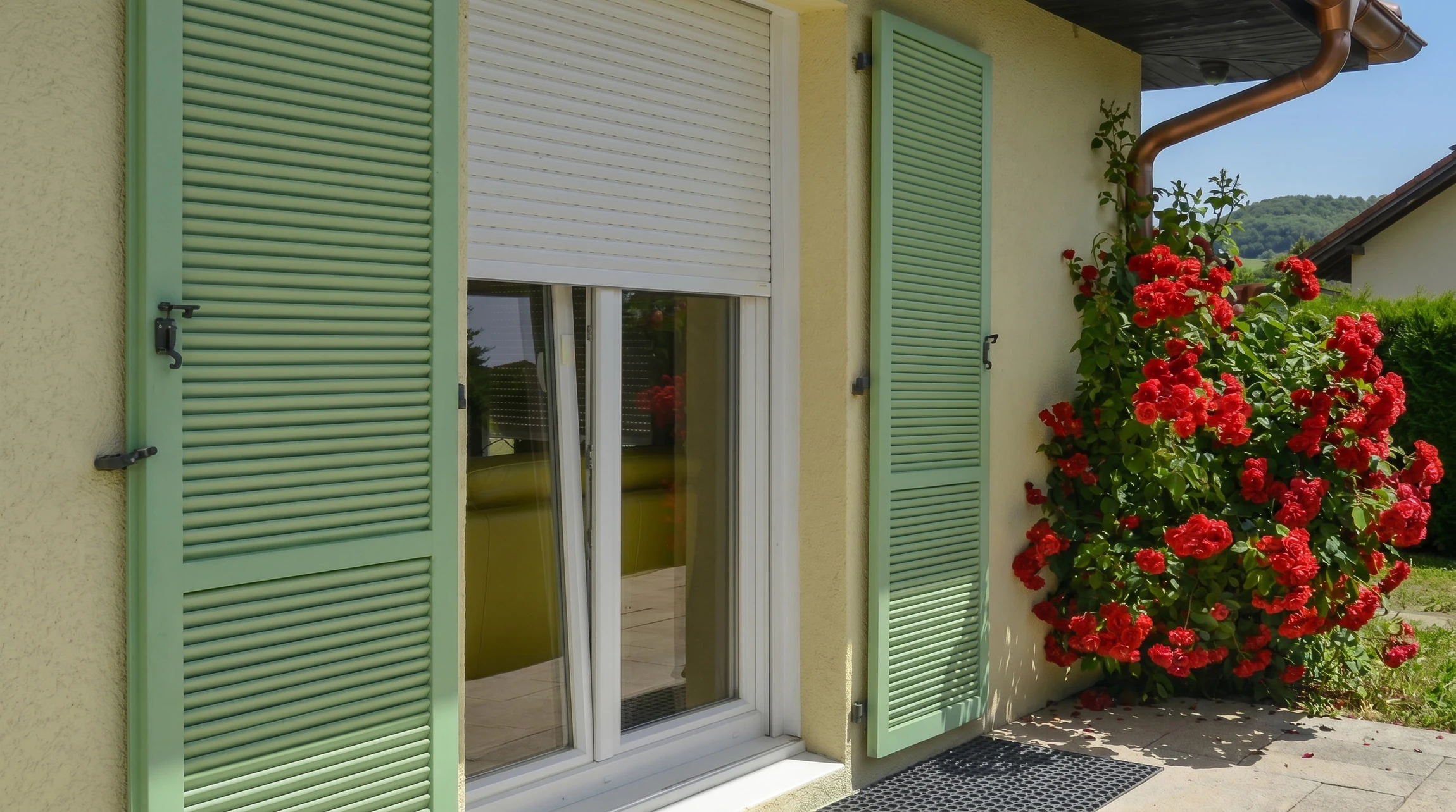 Façade extérieure d'habitation avec fenêtre cintrée ouverte et volets battants en aluminium blanc à lames orientables