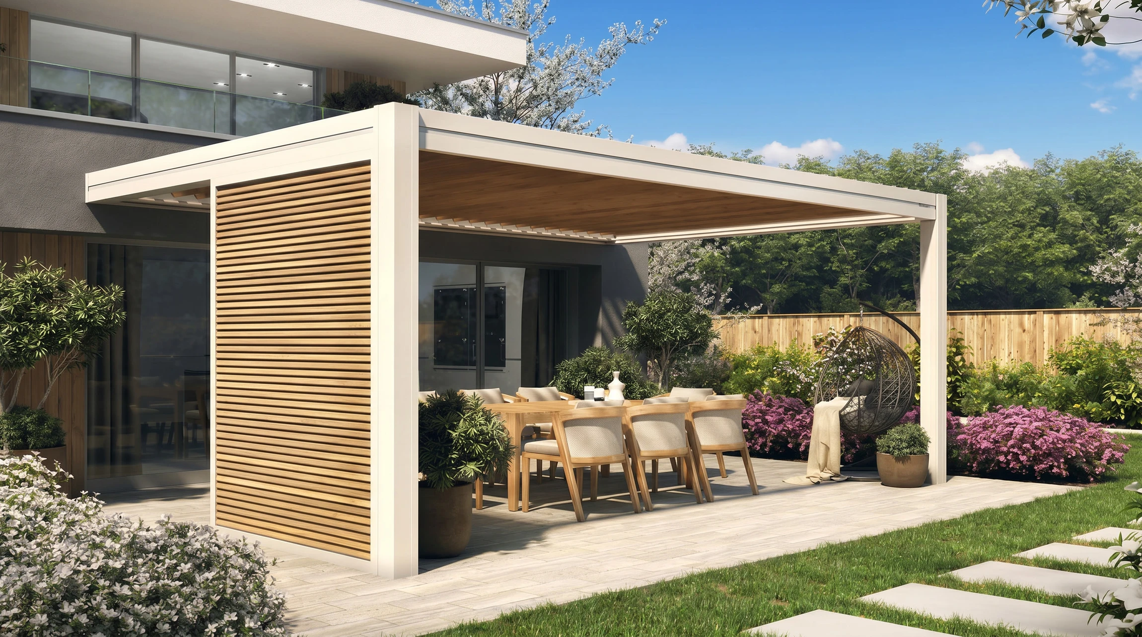 Véranda moderne avec structure en bois et toiture vitrée, aménagée en jardin d'hiver avec nombreuses plantes en pots disposées au sol et sur rebords