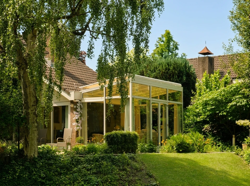 Extérieur résidentiel moderne avec pergola bioclimatique à lames orientables installée devant une maison contemporaine blanche