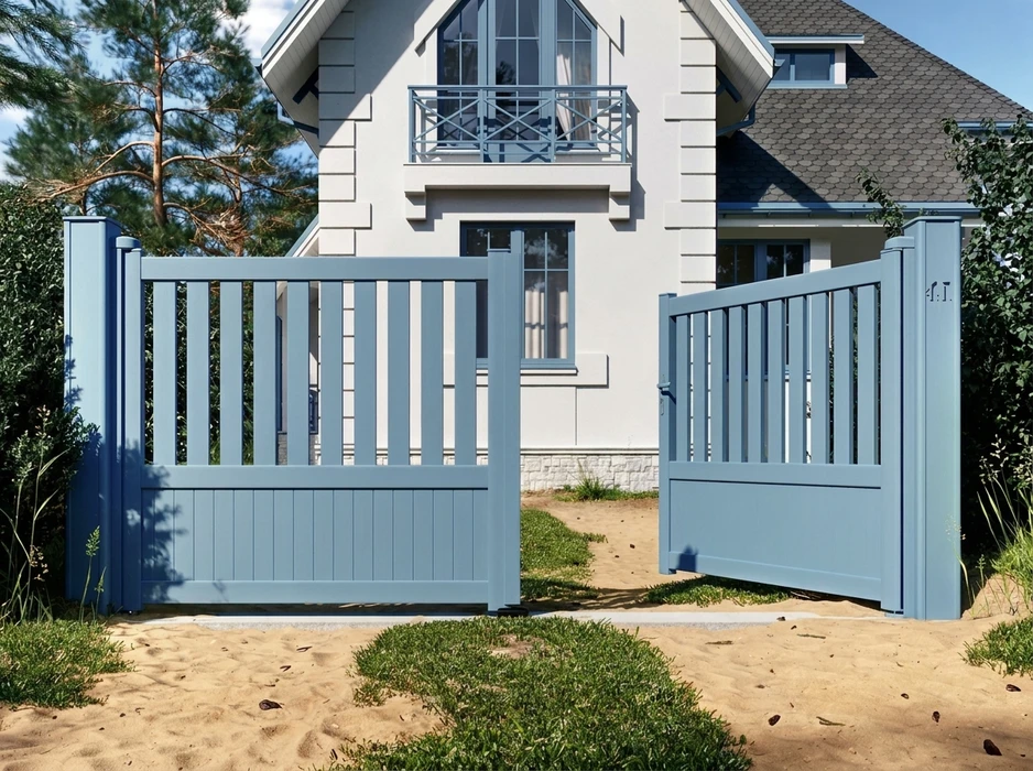Portail résidentiel moderne à double battant en aluminium gris anthracite avec lames horizontales pleines et section ajourée à barreaux verticaux